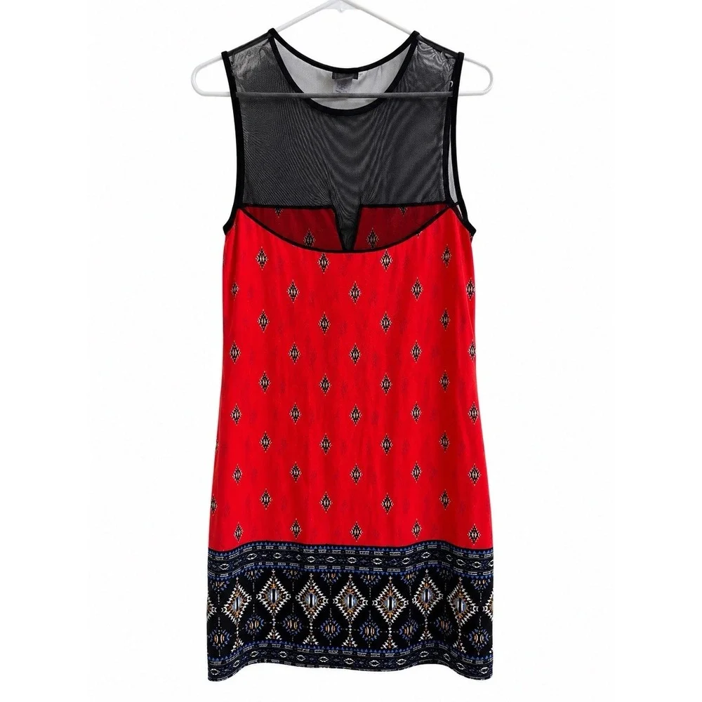 Scully Red Southwestern Print Sleeveless Sheath Dress Mesh Yoke Size Large